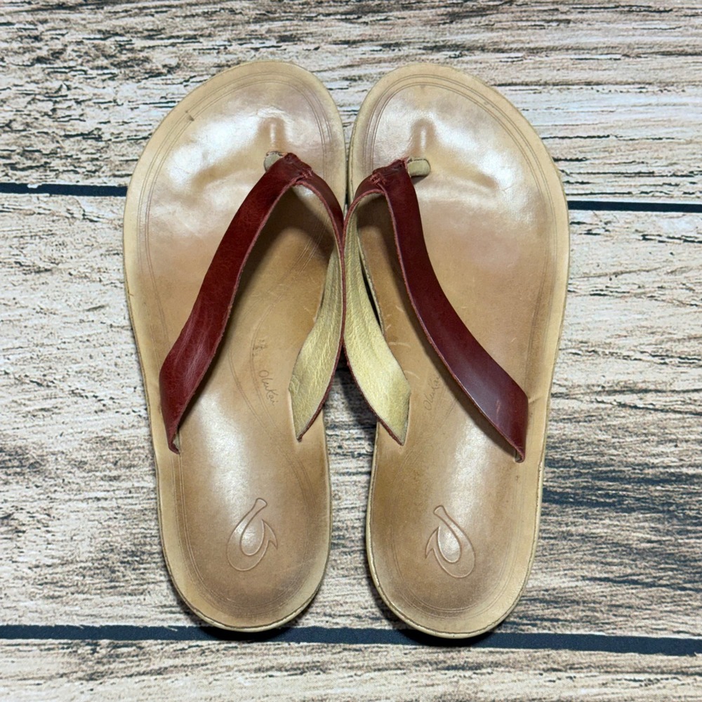 OluKai Nonohe Sandals Women 9 Tan Red Leather Thong Flip Flops 20440-TRGS